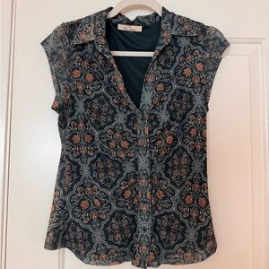 Les Serein - Mesh Cap Sleeve Collared Blouse